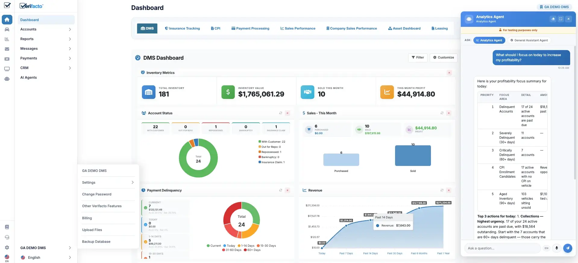 Verifacto Analytics Agent answering a profitability question over live dealership data